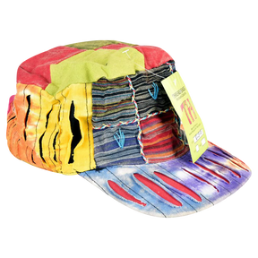 Stack of ThreadHeads Razor Cut Patched Sun Hats in various colors with unique designs, front view