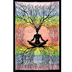 ThreadHeads Rooted Chakra Meditation Tapestry, 55" x 83", with Rainbow Colors and Tree Design