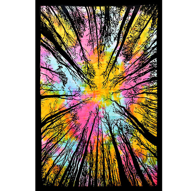 ThreadHeads Tie-Dye Forest Sky Tapestry, 55" x 83", vibrant color explosion with tree silhouette design
