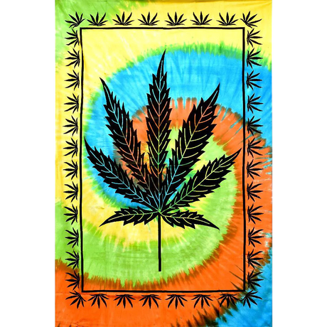 ThreadHeads Tie-Dye Hemp Leaf Cotton Tapestry, Full View with Vibrant Colors