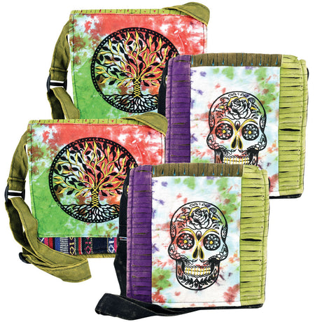 ThreadHeads Tie Dye Shoulder Bags with Tree and Skull Designs, 9.5"x9", 4pc Assorted Bundle