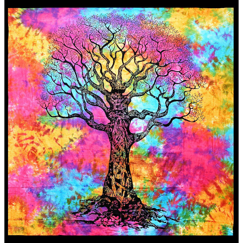 ThreadHeads Tie-Dye Tapestry featuring a vibrant Tree of Life design, made of cotton, size 55" x 83"