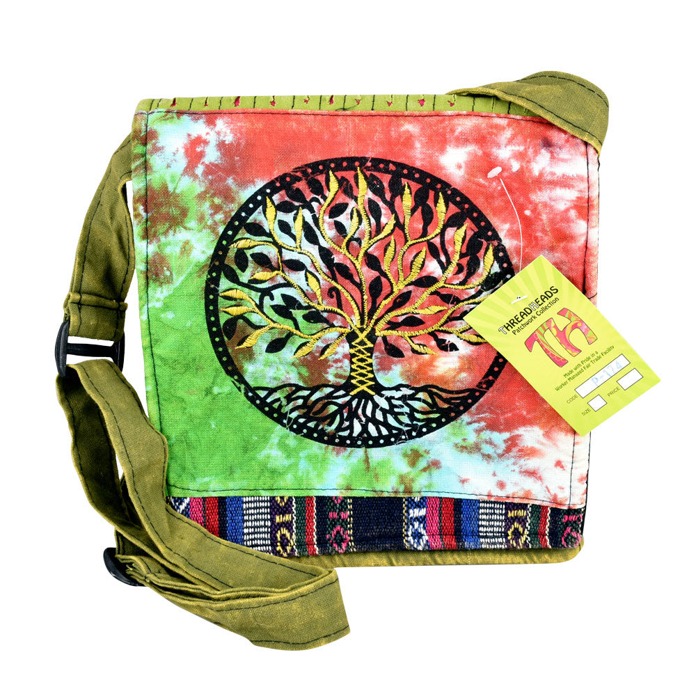 ThreadHeads Tie-Dye Tree of Life Cotton Shoulder Bag with vibrant colors, front view