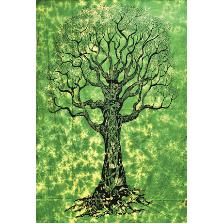 ThreadHeads Tree of Life Tapestry in green, 55"x83" cotton wall art, made in India, front view