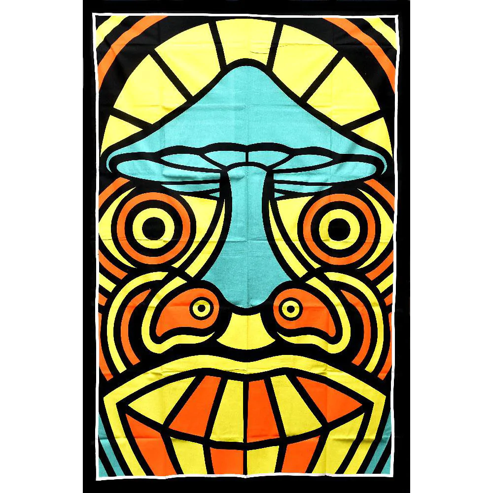 ThreadHeads Tribal Mushroom Man Tapestry in vivid colors, 55" x 83" cotton wall art