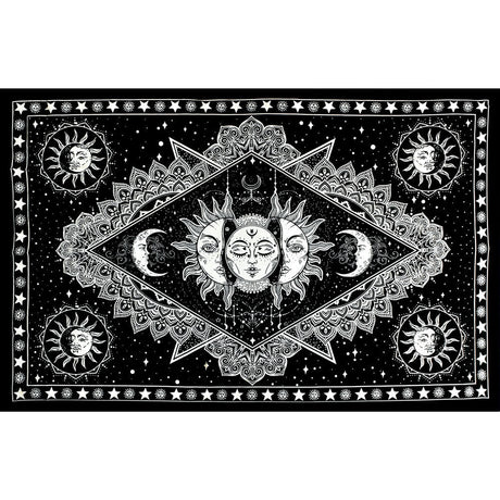 ThreadHeads Triple Face Sun & Moon Tapestry in Black & White, 83" x 55", Cotton Wall Art
