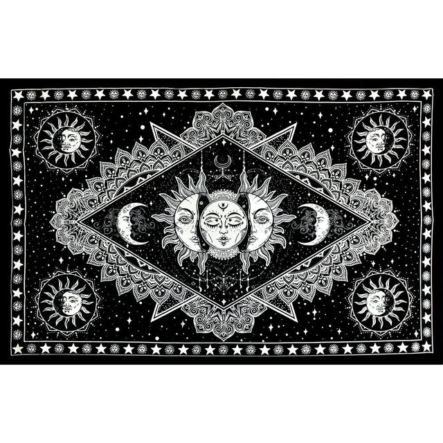 ThreadHeads Triple Face Sun & Moon Tapestry in Black & White, 83" x 55", Cotton Wall Art