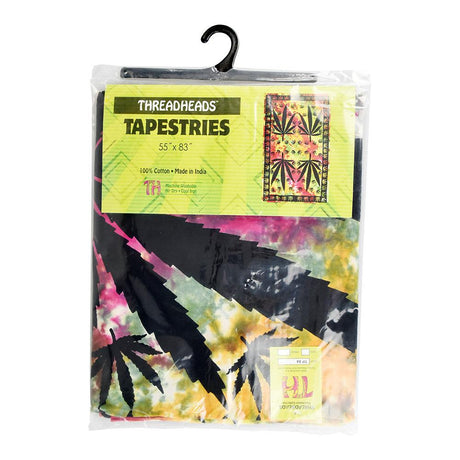 Colorful Tie-Dye Cannabis Leaf Tapestry, 100% Cotton, 55" x 85", packaged view