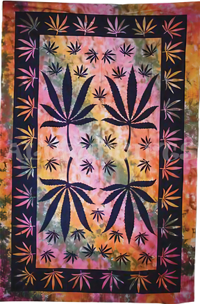 Colorful Tie-Dye Cannabis Leaf Cotton Tapestry, 55" x 85", Full Frontal View for Home Decor