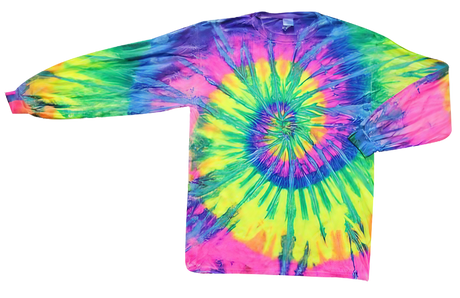Neon Rainbow Tie-Dye Long Sleeve T-Shirt laid flat, vibrant cotton fabric, front view