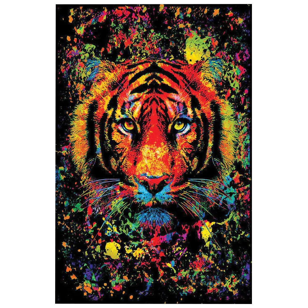 Tiger Splatter Blacklight Poster, vibrant neon colors, 24x36 inches, for unique wall decor