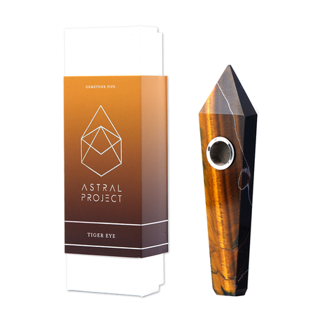 Astral Project Tiger's Eye Gemstone Hand Pipe side view with packaging for energy balance