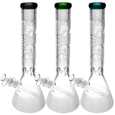 Tiki Tropic Etched Beaker Water Pipes with Color Accents and Diffuser, Front View