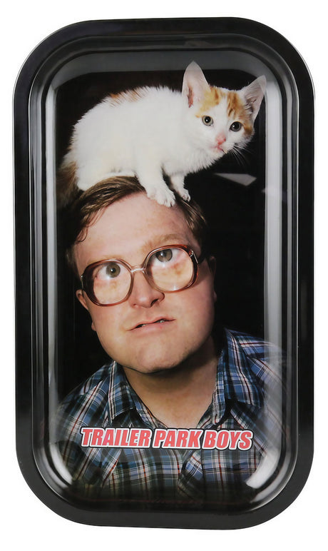 Trailer Park Boys Rolling Tray featuring Bubbles and a white kitty, made of durable steel, front view