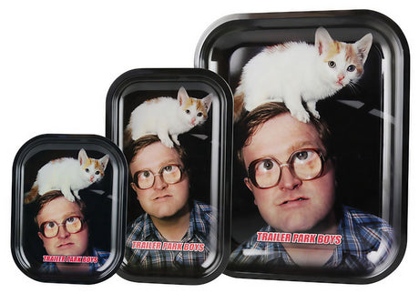 Trailer Park Boys Bubbles Kitty themed steel rolling tray set, front view on white background