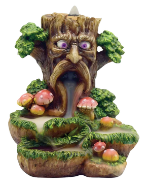 Polyresin Tree Backflow Incense Burner with Cascading Streams and Mushrooms, Front View