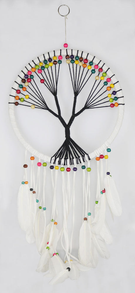 12" Tree of Life Dreamcatcher with Colorful Beads and White Feathers - Front View
