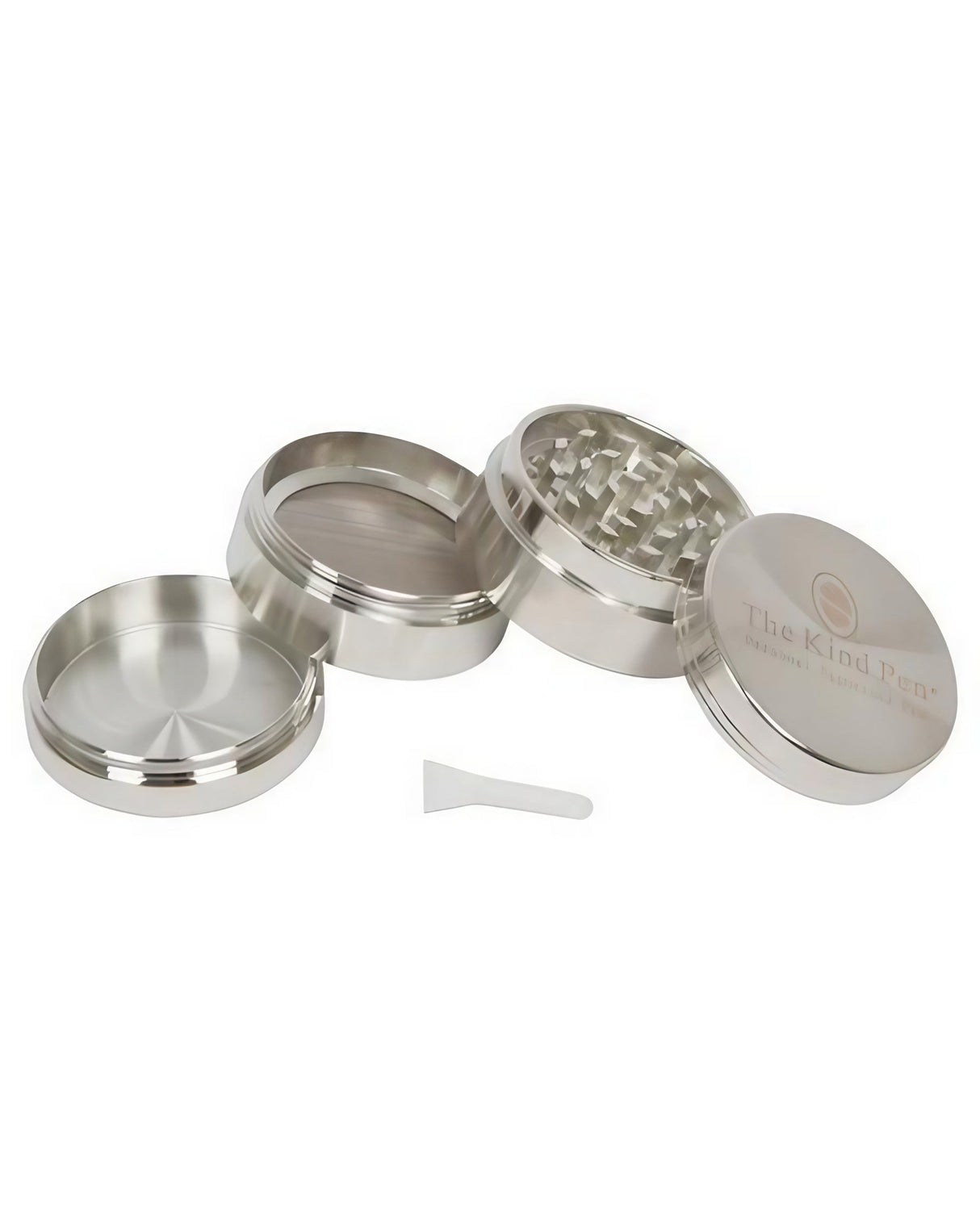 Disassembled Tri-Level Herb Grinder in Silver, showcasing its compact and portable 4-part design