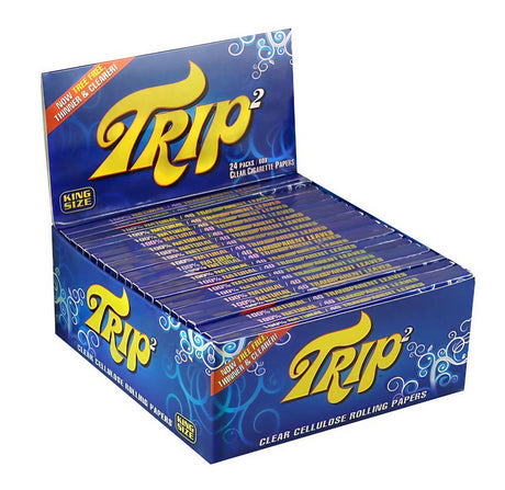 Trip2 Kingsize Clear Rolling Papers box open showing 24 packs for dry herbs