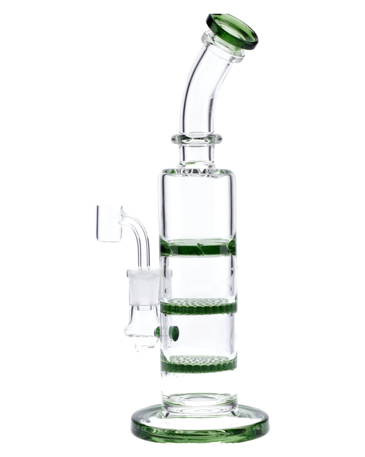 9.5in Triple Honeycomb Perc Green Dab Rig with 90 Degree Joint, Front View on White Background