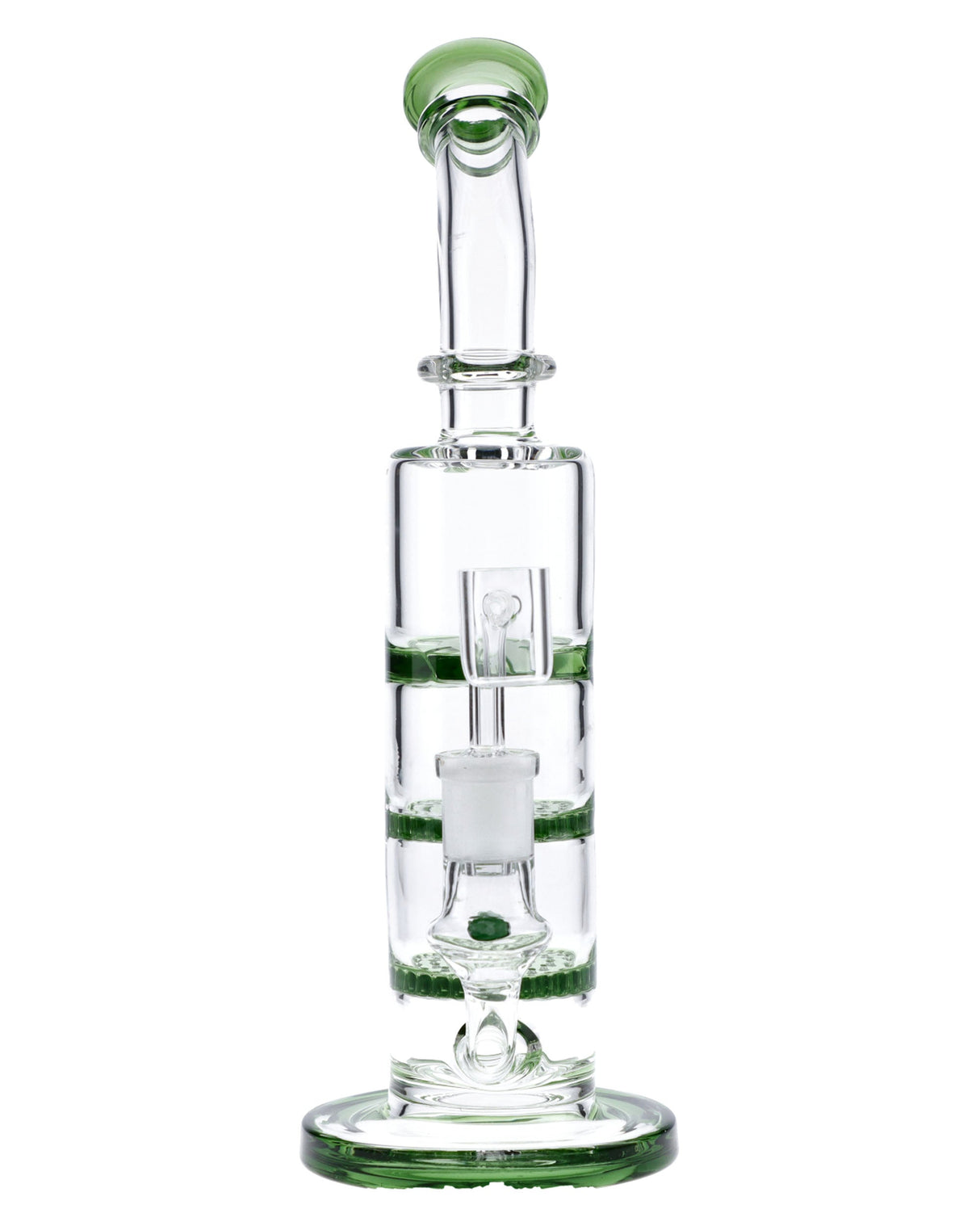 9.5" Triple Honeycomb Perc Dab Rig with Green Accents, Front View on White Background