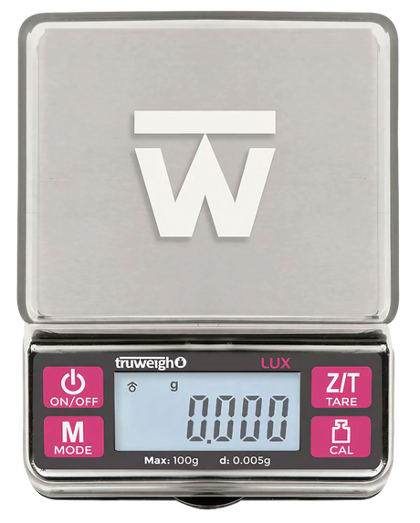 Truweigh Black Lux Digital Mini Scale front view showing clear LED display and buttons