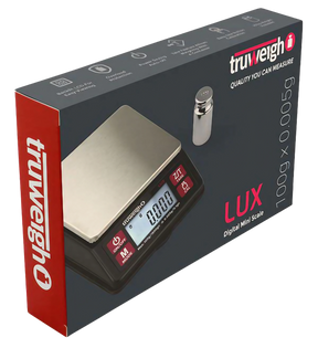 Truweigh Black Lux Digital Mini Scale on box, precise 0.005g readability, battery-powered, portable design
