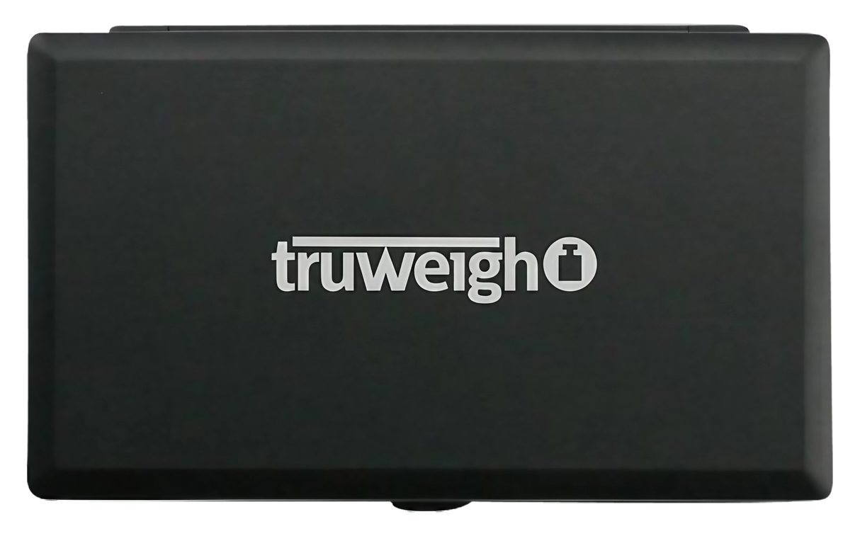 Truweigh Classic Digital Mini Scale in black, top view, compact and portable design, 1000g x 0.1g