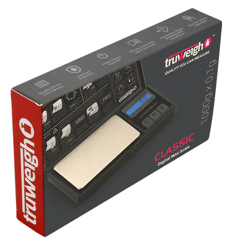 Truweigh Classic Digital Mini Scale in black, compact design, 1000g x 0.1g, angled view