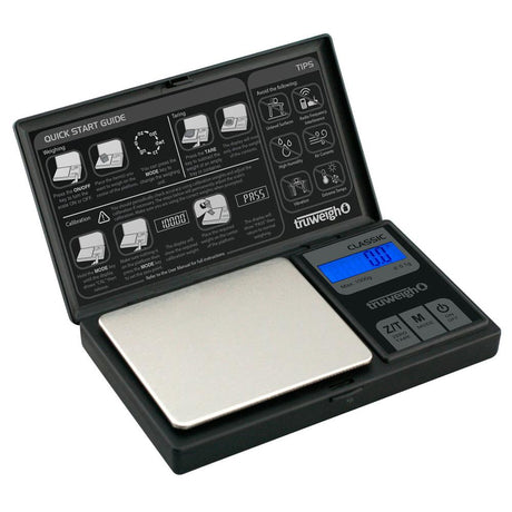 Truweigh Classic Digital Mini Scale open view, 1000g x 0.1g, portable black design with blue backlit display