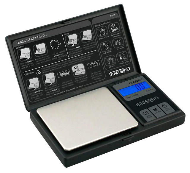 Truweigh Classic Digital Mini Scale open view, 1000g x 0.1g, portable black design with blue LCD