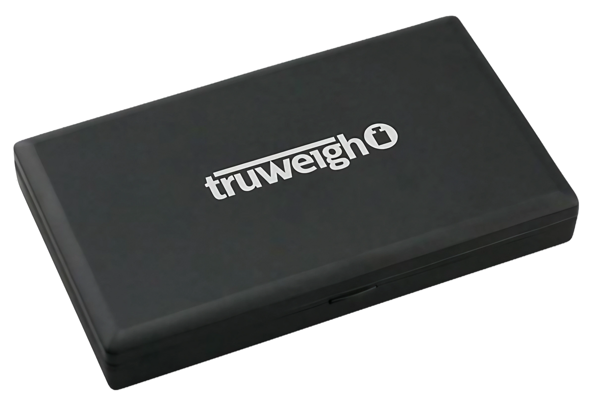 Truweigh Classic Digital Mini Scale in black, 100g x 0.01g precision, portable design, top view