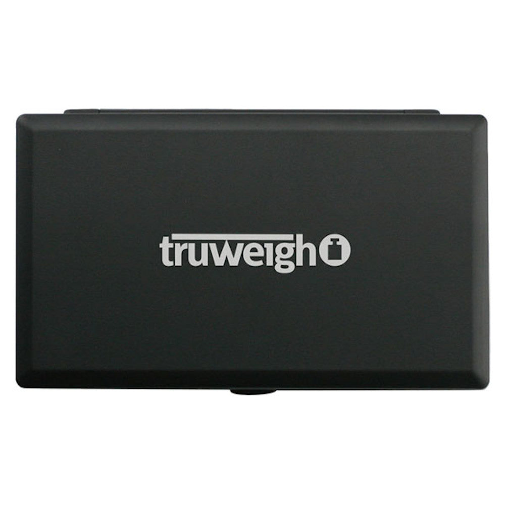 Truweigh Classic Digital Mini Scale in black, 100g x 0.01g accuracy, top view, compact and portable