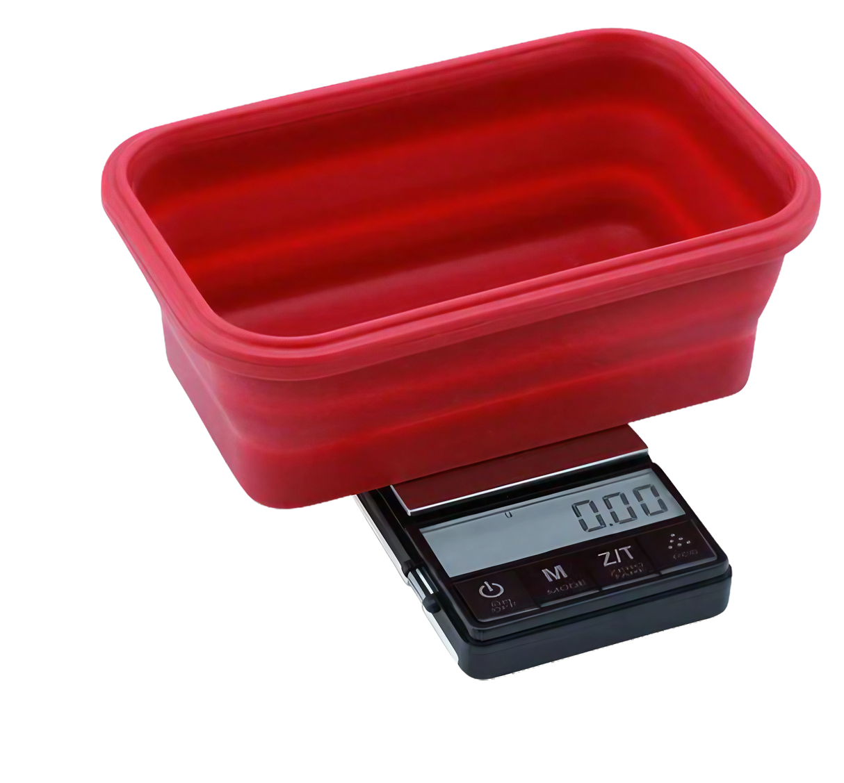Truweigh Crimson Collapsible Silicone Bowl Scale, 200g x 0.01g, Front View on Striped Surface