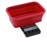 Truweigh Crimson Collapsible Silicone Bowl Scale, 200g x 0.01g, Front View on Striped Surface