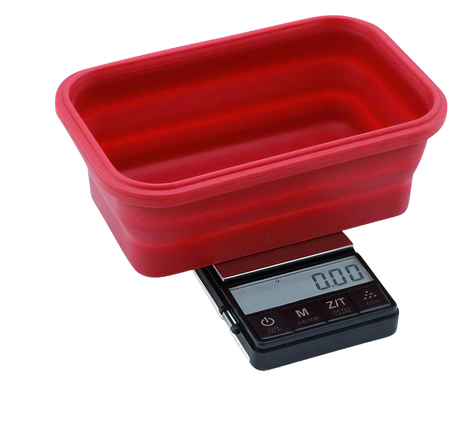Truweigh Crimson Collapsible Silicone Bowl Scale, 200g x 0.01g, Front View on Striped Surface