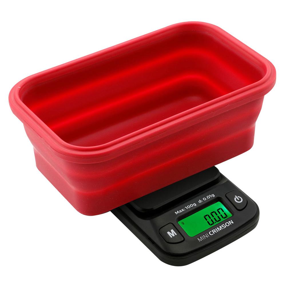 Truweigh Crimson portable digital scale with collapsible silicone bowl, 200g x 0.01g accuracy, front view