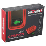 Truweigh Crimson Collapsible Bowl Scale front view on box, 200g x 0.01g accuracy, portable design