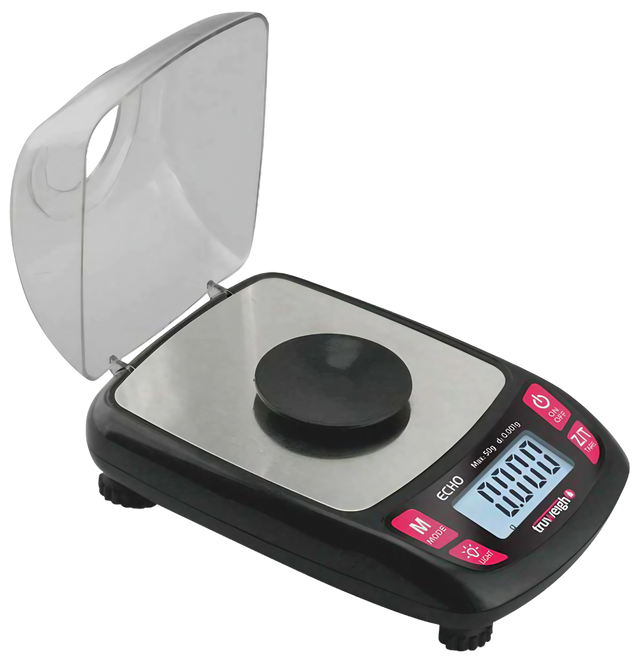 Truweigh Echo Digital Milligram Scale in black, 50g x 0.001g accuracy, front view with open lid