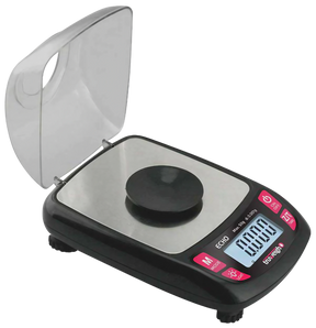 Truweigh Echo Digital Milligram Scale in black, 50g x 0.001g accuracy, front view with open lid