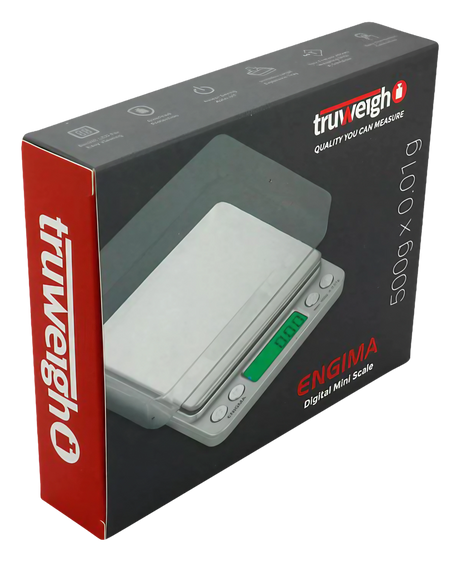 Truweigh Enigma Digital Mini Scale in silver, 500g x 0.01g accuracy, portable design, angled view