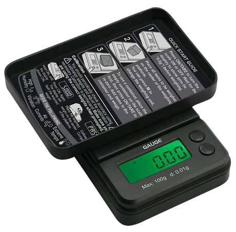 Truweigh Gauge Digital Mini Scale in black, 100g x 0.01g precision, portable design, battery-powered