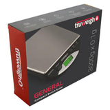 Truweigh General Compact Bench Scale, 3000g capacity, black and silver, battery-powered, front view