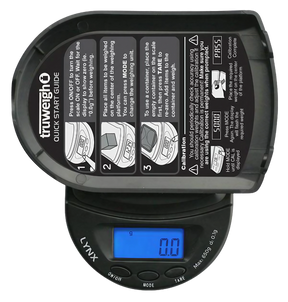 Truweigh Lynx Digital Mini Scale in black, top view, showing illuminated display reading 0.0g