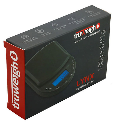 Truweigh Lynx Digital Mini Scale in black, compact design, 0.01g accuracy, displayed with packaging