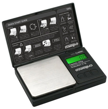 Truweigh Mini Classic Digital Scale open view, 600g capacity, portable black design with steel surface