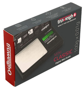Truweigh Mini Classic Digital Scale in packaging, portable black pocket scale with 0.01 accuracy