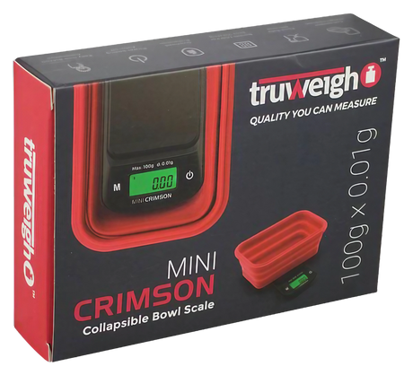 Truweigh Mini Crimson Collapsible Bowl Scale in Red, Compact Design, 100g x 0.01g Accuracy