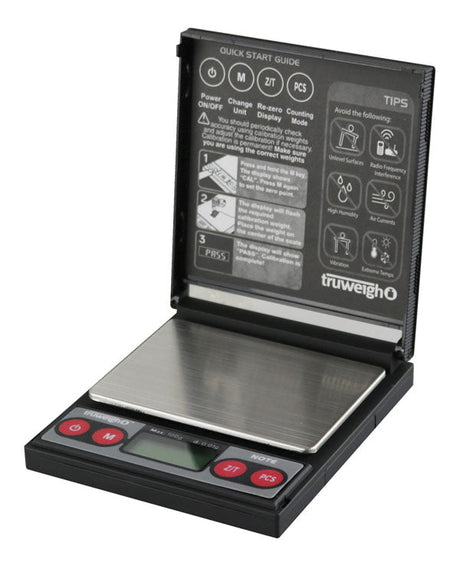 Truweigh Note Digital Mini Scale open front view showing 0.01g accuracy and compact design