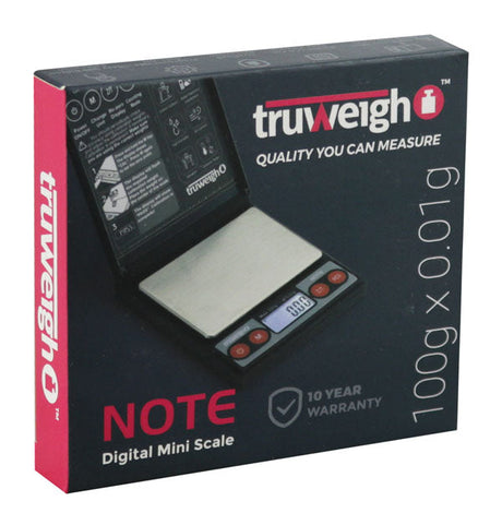 Truweigh Note Digital Mini Scale - Front View on Box, 100g x 0.01g, Portable Black Scale